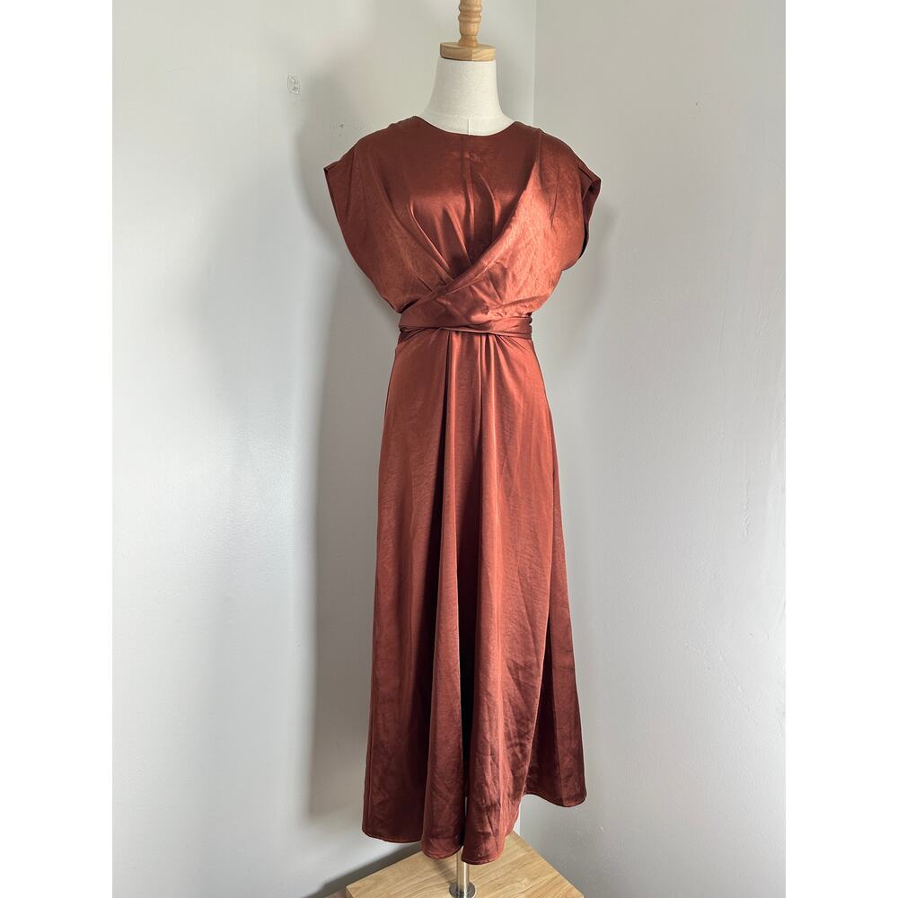 Copper Rust Burnt Orange Brown Cross Waist High Neck Short Sleeve A Dress, S